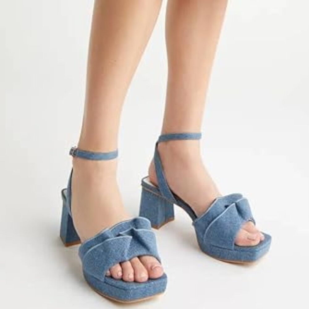 Pazzion Women's Platform Square Toe Pleated Ruffle Sandals Chunky High Heels Str